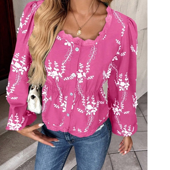 Boho Semi Sheer Lace Button Down Embroidered Floral Top - Picture 1 of 6